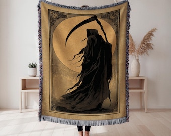 半額以下 ネイバーフッドREAPER WN-MAT ラグマット Gothic Grim Reaper 100% Cotton Woven Blanket, Skull Decor for Dark