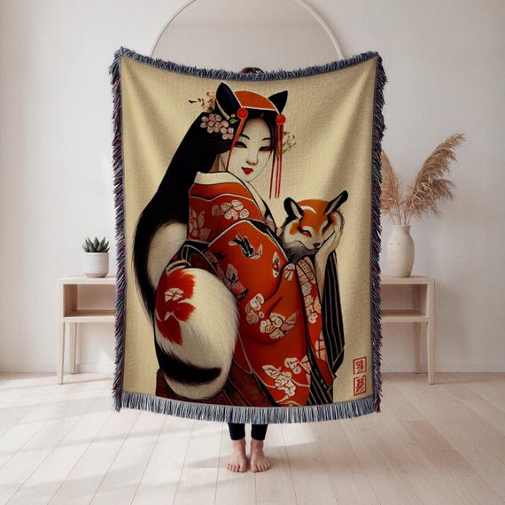 Kitsune Geisha Woven Blanket, Japanese Kimono Fox Spirit Design