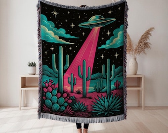 Desert Cactus UFO Abduction Woven Throw Blanket, Cotton Alien Space Camp Design, Sci-Fi Outdoor Adventure Decor Gift, Wall Tapestry