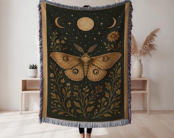 Mystical Moon and Moth Woven Blanket, Boho Cottagecore Decor, Celestial Lover Gift, Dark Academic and Fantasy Home Throw, Wall Tapestry