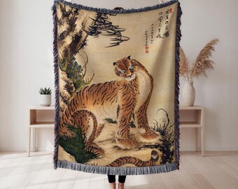 Tiger woven blanket, East Asian brush painting style, home décor gift, Wall Tapestry, Home Decor, Art Blanket