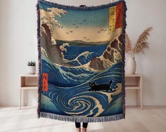 Hokusai woven blanket, Japanese ukiyo-e whirlpool with black cat, home décor throw, art lover gift, Japanese Decor, Japanese Art, Ukiyo-e