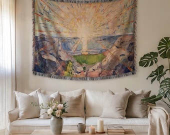 Edvard Munch Solenintro geweven deken, stralende zon kunst wandtapijt gooien, Scandinavisch natuurdecor, cadeau kunstliefhebber, wandtapijt, woondecoratie