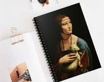 May include: A painting of a woman with a small animal in her arms. The woman is wearing a dark blue dress with a red and gold pattern. She has a pearl necklace and a headband. The background is dark.