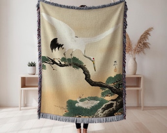 Manta tecida com família de garças, tapeçaria tradicional com ilustração de pássaros, decoração para quarto de amante de pássaros, presente para entusiasta da natureza, tapeçaria de parede