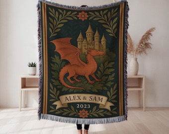 Mystical Dragon Woven Blanket, Medieval Fantasy Home Decor, Gothic Cottagecore Throw, Perfect Gift for Mythical Creature Enthusiasts