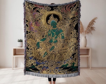 Groene Tara geweven deken, Tibetaanse thangkakunst, spiritueel decor, meditatiecadeau, wandtapijt, woondecoratie, kunstdeken