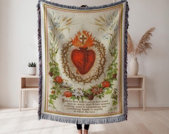 Manta tejida del Sagrado Corazón, tapiz de arte devocional ornamentado, decoración de pared espiritual, regalo cristiano, tapiz de pared, decoración del hogar