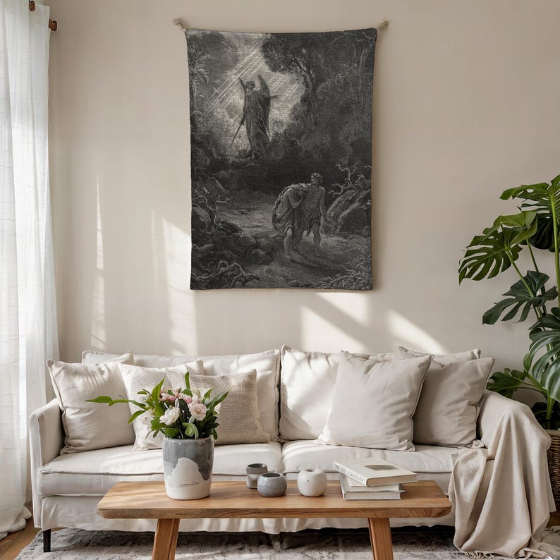 Geweven deken engel, gravure illustratiestijl, cadeau voor woondecoratie, wandtapijt, woondecoratie, kunstdeken afbeelding 9