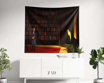 Tapiz de Franz Sedlacek, Decoración de biblioteca, Tapiz estético, Tapiz de pintura al óleo geométrica, Pintura vintage, Tapiz antiguo, Ratón de biblioteca