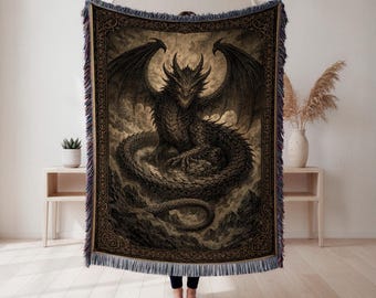 Dragon Woven Blanket, Ornate Fantasy Tapestry Throw, Fantasy Home Decor, Dragon Lover Gift, Cottagecore Tapestry, Wall Tapestry, Home Decor