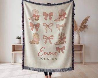 Personalized Cowgirl Name Woven Blanket, Baby Girl Western Throw with Bow Detail, Nursery Coquette Decor Gift, Wall Tapestry, Home Decor