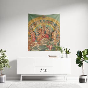 Shri Shri Durga with Mahisha Trisula Lakshmi Saraswati, Hindu God Tapestry, Krishna Wall Hanging, Vintage Tapestry, Oil Painting Tapestry