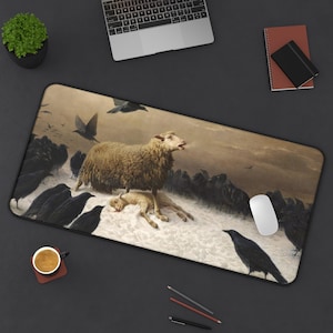 May include: A white sheep with a lamb lying on the snow. The sheep is surrounded by a flock of black birds.