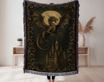 Medieval Dragon Woven Blanket, Fantasy Mythical Creature Home Decor, Gothic Cottagecore Throw, Unique Gift for Dragon Enthusiasts