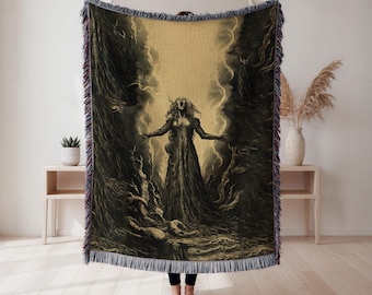 Manta tejida de mujer fantasmal, tapiz de fantasía oscura, decoración gótica para el hogar, regalo para amantes del terror, tapiz de pared, decoración del hogar, manta artística