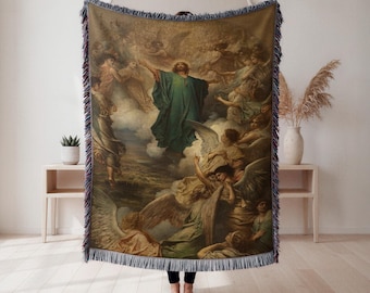 Jesus ascension woven blanket, Christian religious throw, angel wall decor blanket, spiritual gift for faith based home, church pew cover