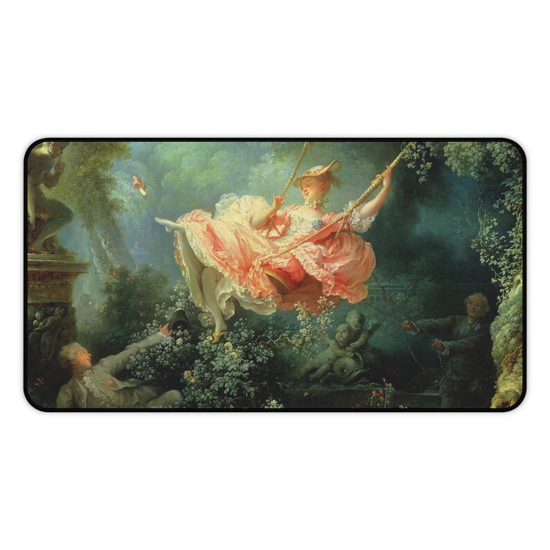 May include: A woman in a pink dress swings on a rope swing in a lush green garden. Two figures stand below, one holding the rope and the other watching. The scene is painted in a classic style with soft colors and details.