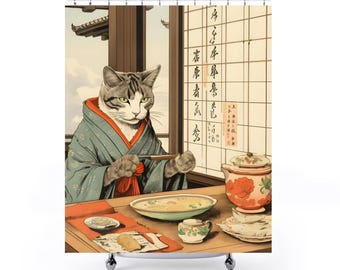 Cat Kimono Shower Curtain | Japanese Art Decor | Elegant Bathroom | Cat Lover Gift | Unique Shower Curtain