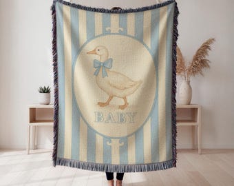 Personalized Baby Name Woven Blanket, Goose Design Throw, Custom Nursery Decor, Baby Boy Keepsake Gift, Wall Tapestry, Home Decor