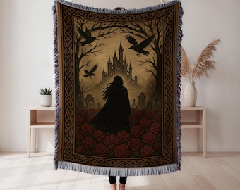Gothic Vampire Castle Woven Throw Blanket, Dark Romantic Blood Moon Design, Black Red Baroque Tapestry, Cozy Home Decor Gift, Wall Tapestry