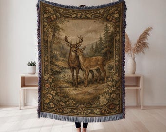 Deer Woven Blanket, Rustic Forest Landscape Tapestry Throw, Cabin Wildlife Decor, Nature Lover Gift, Cottagecore Tapestry, Wall Tapestry