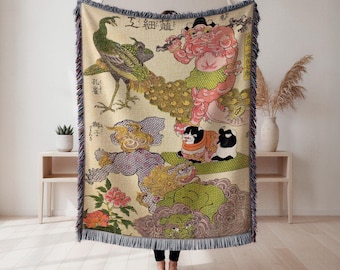 Japoński koc tkany z demonami Oni i kotami, gobelin w stylu ukiyo-e w stylu vintage, odważna dekoracja ścienna, wyjątkowy prezent, japoński wystrój, japońska sztuka