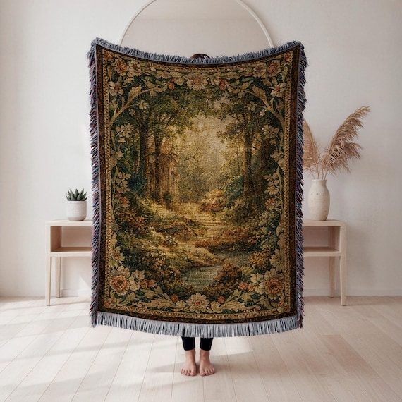 forest landscape woven blanket, nature wall decor, woodland tapestry throw, cabin decor gift, cottagecore home accent, Cottagecore Tapestry