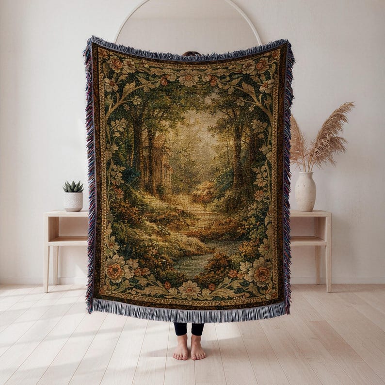 forest landscape woven blanket, nature wall decor, woodland tapestry throw, cabin decor gift, cottagecore home accent, Cottagecore Tapestry image 1