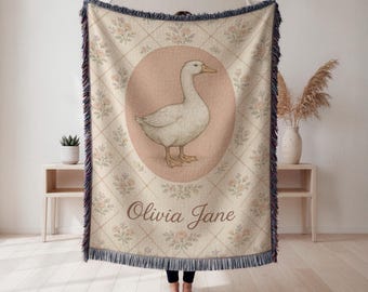 Personalized Goose Woven Throw Blanket, Custom Name Baby Girl Nursery Decor, Newborn Keepsake Shower Gift, Wall Tapestry, Home Decor