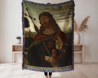 Coperta tessuta con benedizione di Gesù, arazzo classico con ritratto religioso, decorazione murale spirituale, regalo cristiano, arazzo da parete, arredamento per la casa