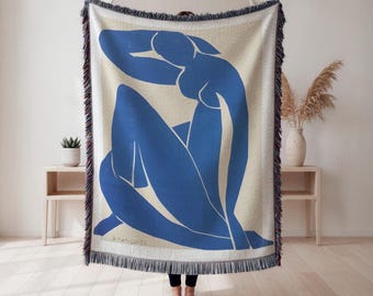 Matisse woven throw blanket, blue cut-out female figure art, modern abstract décor gift, Wall Tapestry, Home Decor, Art Blanket
