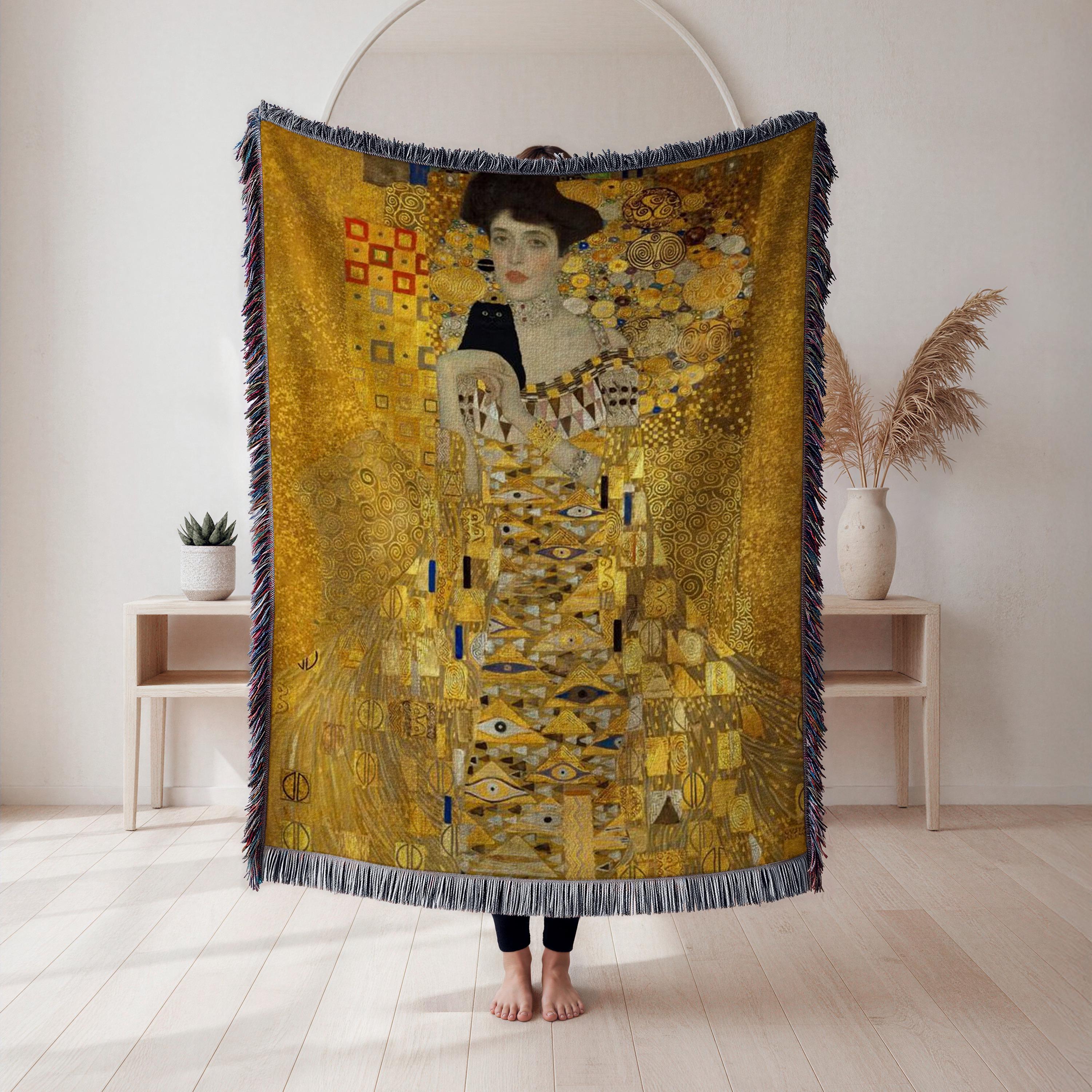 Gustav Klimt Woven Blanket, Gold Mosaic Art Nouveau Portrait Decor