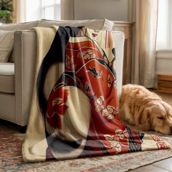 Kitsune Geisha Woven Blanket, Japanese Kimono Fox Spirit Design