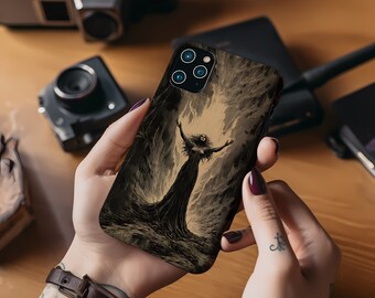 May include: A black iPhone case with a graphic of a woman in a dark dress standing in front of a fiery background. The woman has long, dark hair and is holding her arms up in the air. The background is a dark, swirling cloud of smoke and fire.