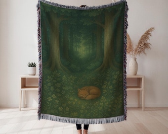 Fox woven throw blanket, woodland forest botanical design, cozy home decor gift, Wall Tapestry, Home Decor, Art Blanket