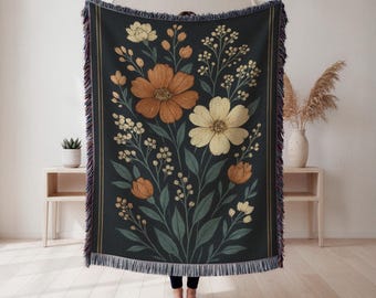 Moody Gothic Botanical Woven Blanket, Dark Wildflower Tapestry Throw, Vintage Cottagecore Wall Decor, Gift for Her, Cottagecore Tapestry