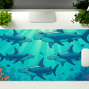 Cartoon Shark Desk Mat, Cute Hammerhead Sharks Swimming In Ocean Scene With Coral, Fun Marine Decor