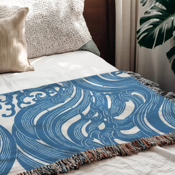 Waves Woven Throw Blanket, Blue Ocean Wave Pattern, Coastal Décor