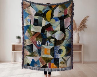 Gelber Halbmond und Y-gewebte Decke, Paul Klee Wandteppich, geometrisches Wanddekor, Geschenk für Künstler, Wandbehang