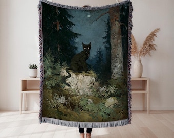 Geweven deken zwarte kat, wandtapijt mystiek bos, gotisch interieur, cadeau kattenliefhebber, wandtapijt, woondecoratie, kunstdeken