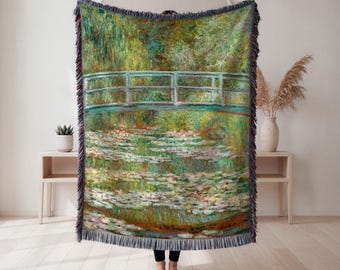Monet woven blanket, impressionist water lilies and Japanese bridge design, floral home décor gift, Japanese Decor, Japanese Art, Ukiyo-e