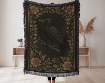 Raven Woven Throw Blanket, Retro Crow Design, Kids Room Decor, Bird Lover Gift, Wall Tapestry, Home Decor, Art Blanket