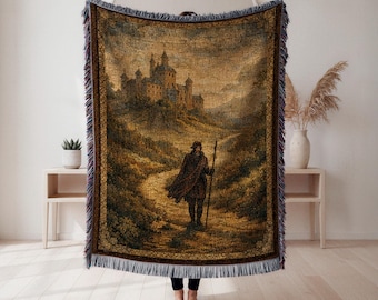 Castle and Traveler Woven Blanket, atmospheric landscape tapestry throw, medieval fantasy decor, history lover gift, Cottagecore Tapestry
