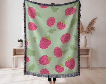 Manta tejida con estampado de frambuesa, tapiz con motivos frutales, decoración de cocina, regalo de inauguración de la casa, tapiz de pared, decoración del hogar, manta artística