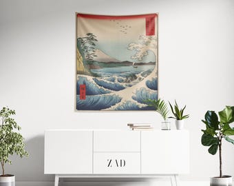 Japanese Tapestry, Utagawa Hiroshige Art, Wave Art, Japanese Tapestry, Ukiyo-e Tapestry, Japan Art, Vintage Tapestry, Sea Nature Tapestry