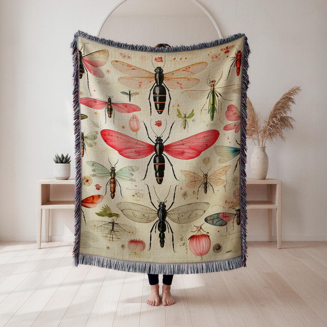 Insect Pattern Throw Insect Illustration Woven Blanket, Vintage Entomology Tapestry Throw ...