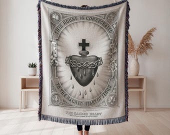 Manta tejida del Sagrado Corazón, tapiz con emblema religioso devocional, decoración de pared espiritual sagrada, regalo de fe, tapiz de pared, decoración del hogar
