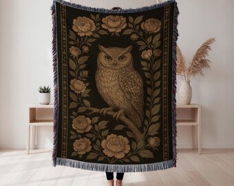 Boho Horned Owl Woven Throw Blanket, Bird Themed Kids Room Decor, Tapestry Gift for Owl Lovers, Wall Tapestry, Home Decor, Art Blanket