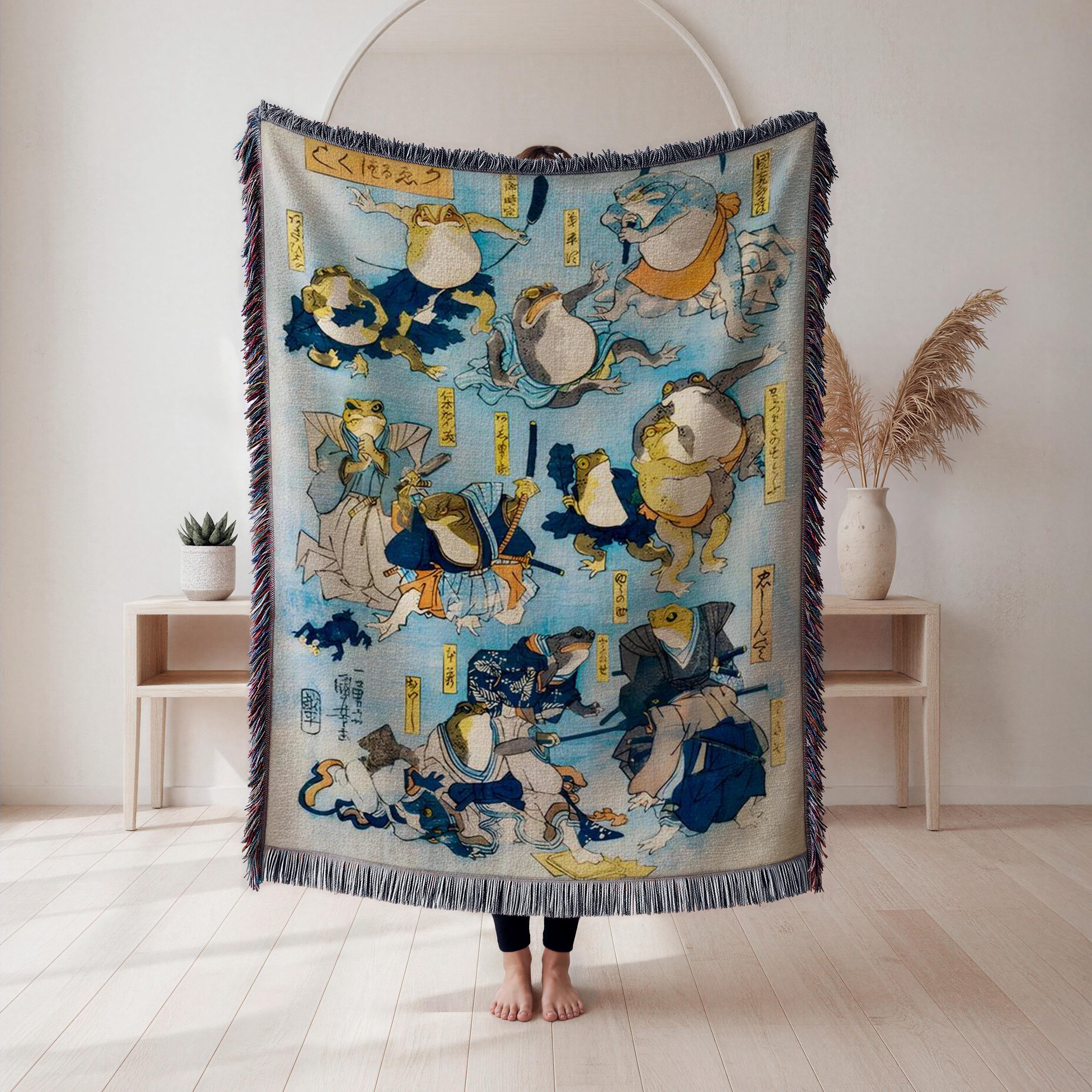 Frog Samurai Woven Throw Blanket, Japanese Ukiyo-e Style, Home